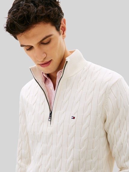 Tommy Hilfiger Regular Fit Troyer aus reiner Baumwolle mit Logo-Stitching Ecru 3