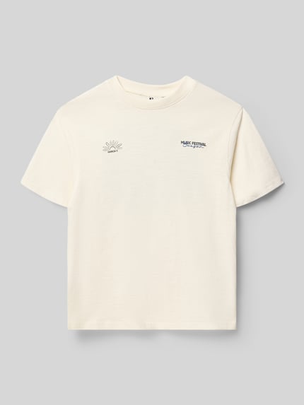 Produktfoto, Regular Fit T-Shirt mit Logo-Print von Garcia aus reiner Baumwolle in Offwhite mit Rundhalsausschnitt, glatte Textur