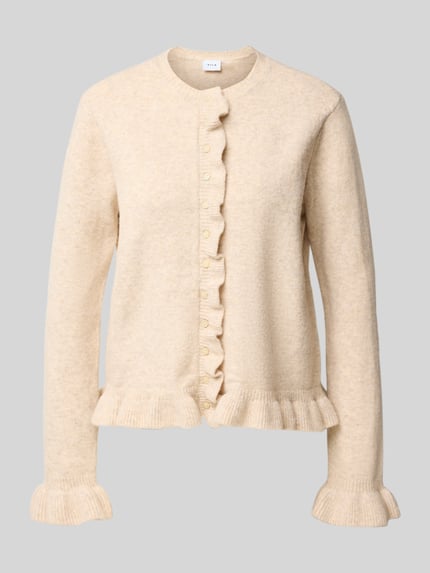 Productfoto, Regular Fit cardigan met ronde hals Model 'jacia' van VILA, materiaalmix met wol, knoopsluiting, ruches, beige, zachte textuur