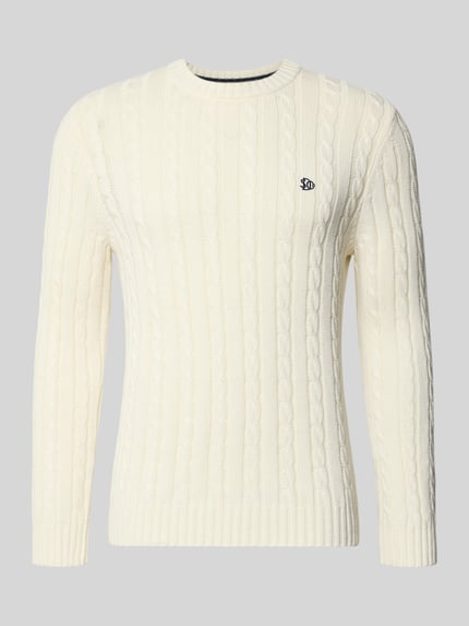 Produktfoto, Slim Fit Strickpullover mit Zopfmuster von Superdry, reine Baumwolle, cremefarben, Rundhalsausschnitt, klare Struktur