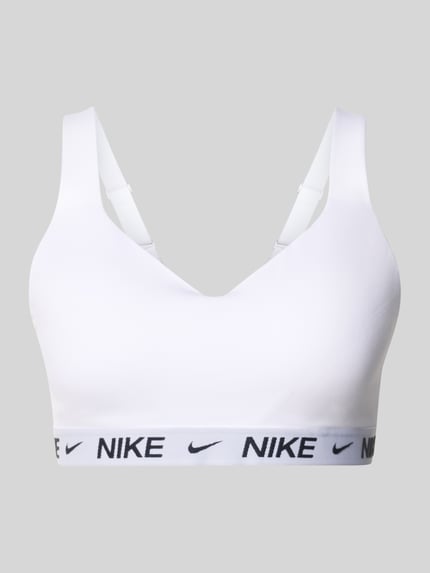 Produktfoto, bustier met labeldetails en verstelbare bandjes van NIKE TRAINING, materiaalmix met stretch, nauwsluitende pasvorm, haakjessluiting