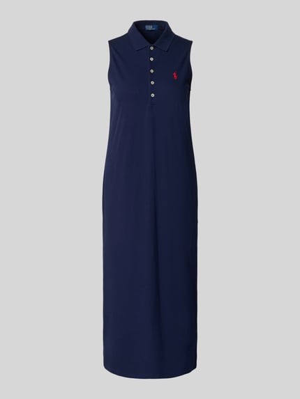 Produktfoto, Figurumspeilendes Polokleid aus Baumwoll-Mix von Polo Ralph Lauren in Unifarben, Midi-Länge, Piqué-Struktur, Logo-Stitching, Polokragen, V-Ausschnitt, Knopfleiste, ohne Ärmel, gerader Saum mit Seitenschlitz, Material aus reiner Baumwolle
