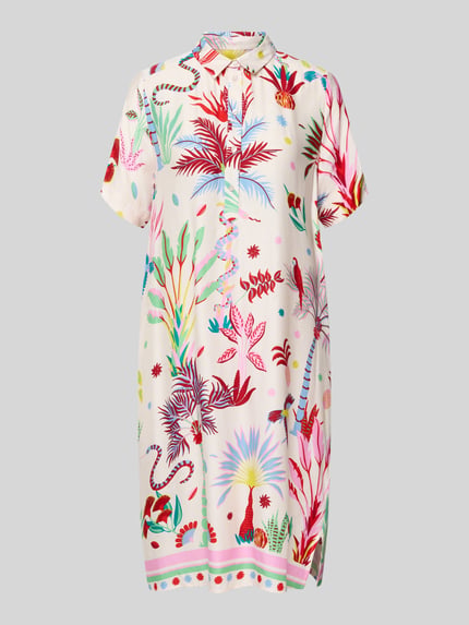 Produktfoto, Knielanges Hemdblusenkleid aus viscose met knoopsluiting van Milano Italy, loose fit, dames, overhemdkraag, knielengte, kleurrijk botanisch dessin, context: ruglengte maat 36: 97 cm, borstwijdte maat 36: 52 cm, mouwlengte maat 36: 25 cm.