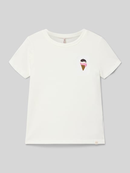 Produktfoto, Kinder T-Shirt Regular Fit T-Shirt aus reiner Baumwolle Modell 'VEGA' von Only in Optik: Unifarben mit Motiv-Stitching, Label-Applikation, Rundhals, Kurzarm, Jersey, reine Baumwolle, weiße Farbe, glatte Struktur