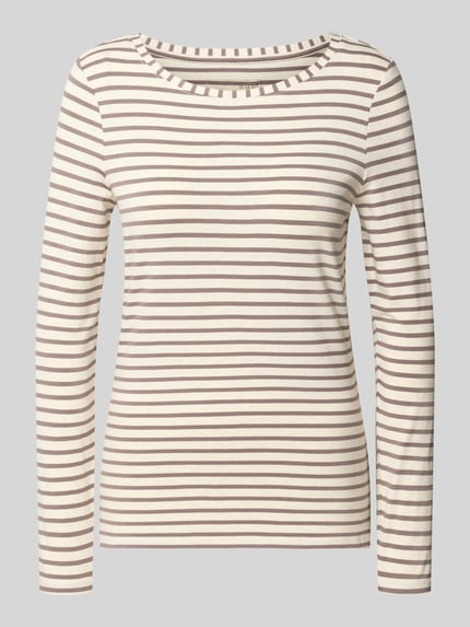 Produktfoto, Regular Fit Langarmshirt aus Baumwoll-Modal-Mix von Oui in Beige mit braunem Streifen-Muster, Rundhalsausschnitt, elastisch
