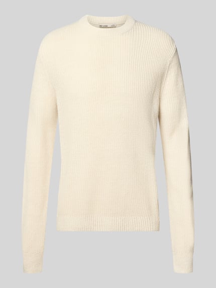 Produktfoto, Pullover mit Rippstrickstruktur Modell 'ONSJONAS' von ONLY in cremefarbenem Melange-Look, Struktur-Strick, Regular Fit, Rundhals, Longline-Länge, gerippte Abschlüsse.