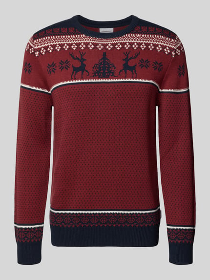 Produktfoto, Strickpullover mit gerippten Abschlüssen van Lindbergh, heren gebreide pullover van katoenmix, regular fit, ronde hals, ribboorden, ruglengte maat M 72 cm, mouwlengte maat M 78 cm, rood met donkerblauw en wit, jacquardpatroon met rendieren en sneeuwvlokken