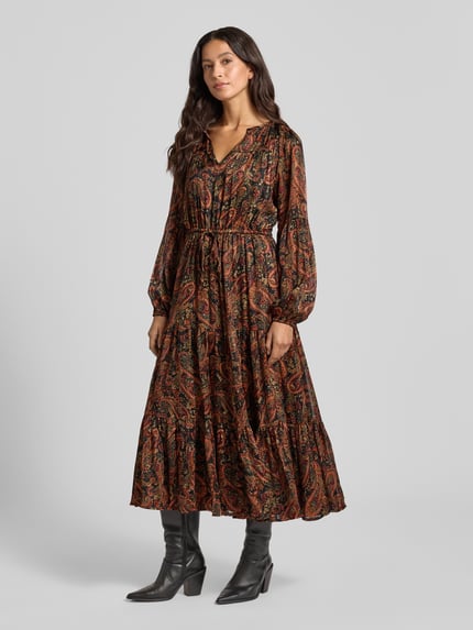 Apricot Midikleid mit V-Ausschnitt und Bindegürtel Rostrot 1
