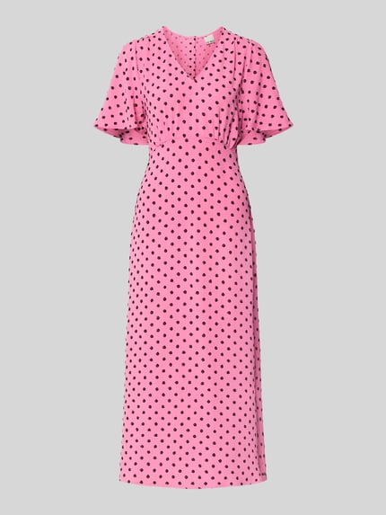 Produktfoto, Midikleid mit V-Ausschnitt Modell 'ZABBY' von ICHI, rosa mit schwarzen Punkten, A-Linie, Allover-Look, Fledermausärmel