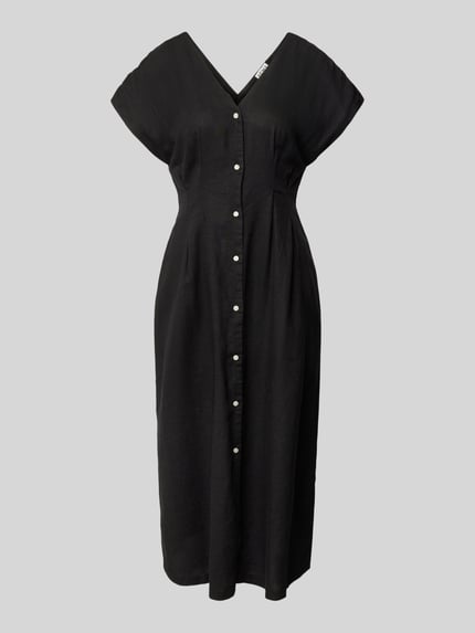 Produktfoto, Midikleid aus Leinen-Viskose-Mix mit V-Ausschnitt von ICHI, taillierter Schnitt, Knopfleiste, Allover-Look, Schwarz