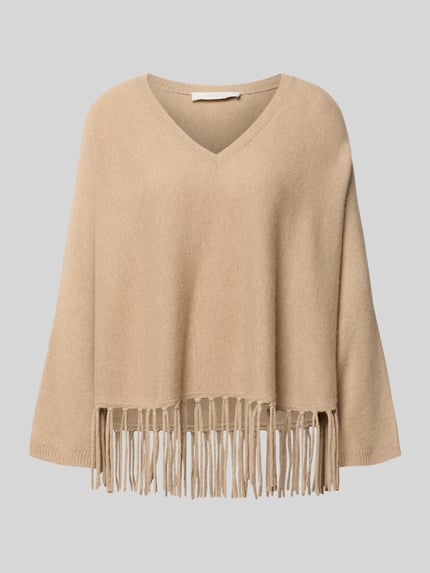 Produktfoto, Relaxed Fit Pullover aus Woll-Mix mit Kaschmir-Anteil von HERZENS, beige, Strick-Optik, Fransen-Abschluss, V-Ausschnitt, langärmelig, Rückenlänge 52 cm, Ärmellänge 64 cm