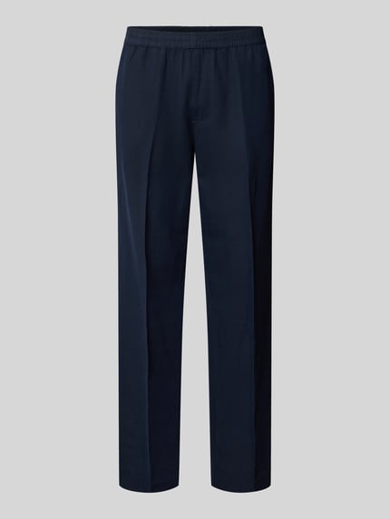 Produktfoto, dunkelblaue Straight Fit Hose aus Leinen-Mix von Filippa K mit Bügelfalten, Taschen und elastischem Bund, frontalansicht