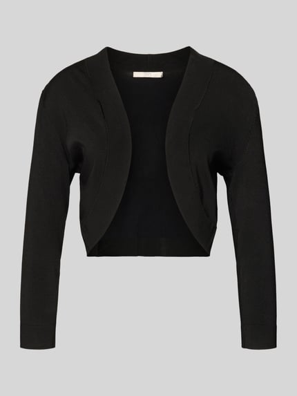 Produktfoto, schwarzer Bolero mit Schalkragen von Jake*s Cocktail aus Viskosemischung, schimmerndes Material, offene Vorderseite, Dreiviertel-Ärmel, gerippte Abschlüsse, Rückenlänge bei Größe 36: 39 cm