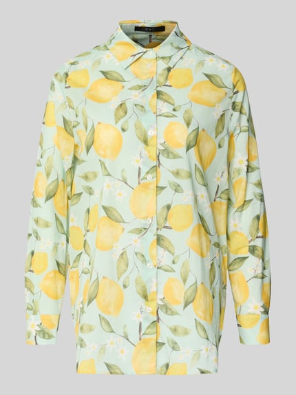 Produktfoto, Regular Fit Bluse im Allover-Look von Oui aus reiner Baumwolle, mit Hemdblusenkragen und Knopfleiste, grün-gelbes Muster