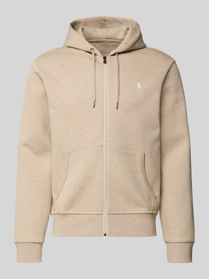 Produktfoto, Sweatjacke mit Kapuze von Polo Ralph Lauren in Beige, Baumwoll-Elasthan-Mix, Regular-Fit, Tunnelzug, Reißverschluss, Eingrifftaschen, Label-Stitching, gerippte Abschlüsse, Rückenlänge 68 cm, Ärmellänge 65 cm.