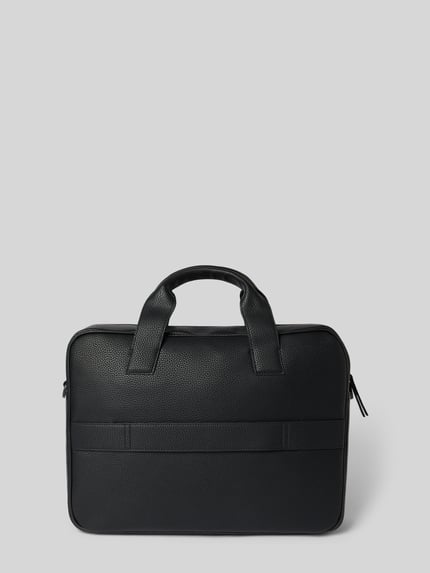 Produktfoto, Laptoptasche in Leder-Optik van Tommy Hilfiger, zwart, stevige structuur, korte handvatten, vooraanzicht.