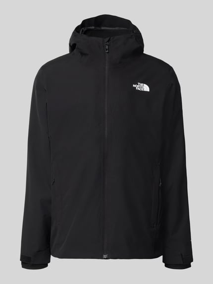 Produktfoto, Jacke mit Label-Print von The North Face in Schwarz mit durchgehendem Reißverschluss, glatte Textur, Herrenmodell