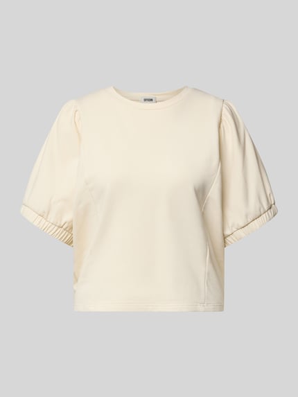 Produktfoto, Relaxed Fit Sweatshirt mit Rundhalsausschnitt Modell 'Aurati' von Drykorn, mieszanka bawełny, krój relaxed fit, rękaw o dł. 1/2, elastyczne zakończenia rękawów, jasny kremowy kolor, gładka struktura