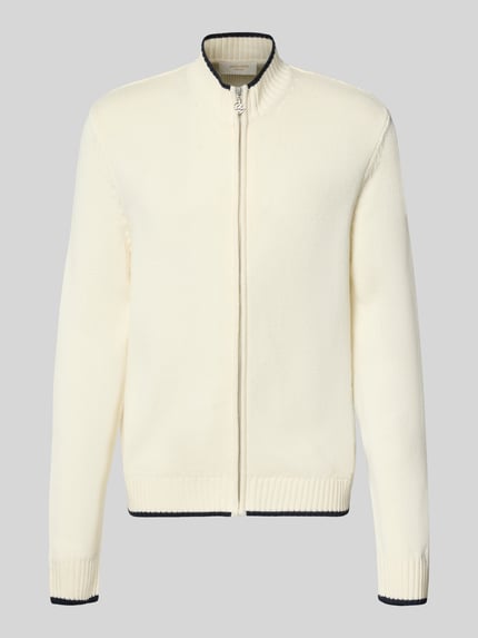 Produktfoto, Strickjacke mit Reißverschluss Modell 'FREDERIKSBERG' von JACK & JONES aus Baumwoll-Mix in Offwhite mit Kontraststreifen, gerippter Stehkragen, Regular Fit, glatte Textur