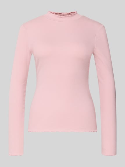 Produktfoto, Slim Fit Langarmshirt aus Baumwoll-Mix von Tom Tailor Denim in Rosa, unifarben, Feinripp, Frill-Abschlüsse, hochgeschlossen