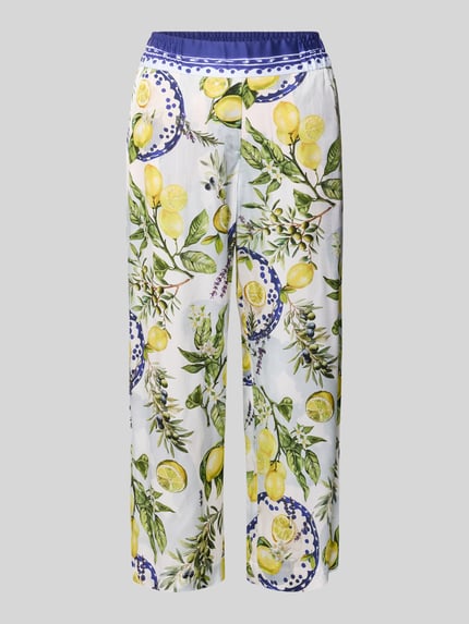 Produktfoto, Straight Fit Stoffhose aus reiner Viskose mit Allover-Motiv-Print von Marc Cain, gelb-grüner Zitronenprint, teilelastischer Bund, verkürzte Passform, Damen Stoffhose, weiße Basis, glatte Textur