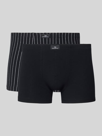 Produktfoto, Slim Fit Boxershorts mit Logo-Patch im 2er-Pack von Götzburg Wäsche für Herren aus elastischem Baumwoll-Mix, einfarbig schwarz und schwarz mit weißen Streifen
