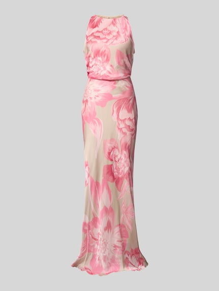 Productfoto, avondjurk met druppelvormige hals van Rinascimento, satijn, in design van zeemeermin, maxi-jurk, ronde hals, plooien, ruglengte maat S 161 cm, borstwijdte maat S 47 cm, roze bloemenprint, gladde textuur.
