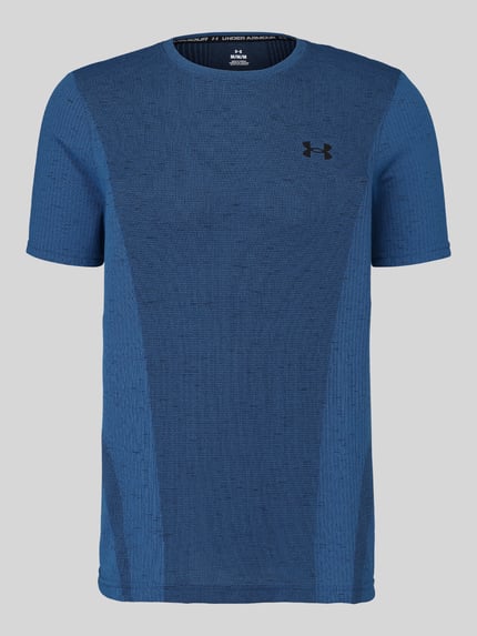Produktfoto, blaues Regular Fit Sport-T-Shirt mit Logo-Print von Under Armour, Herren Sport-T-Shirt, glatte Struktur, grauer Hintergrund