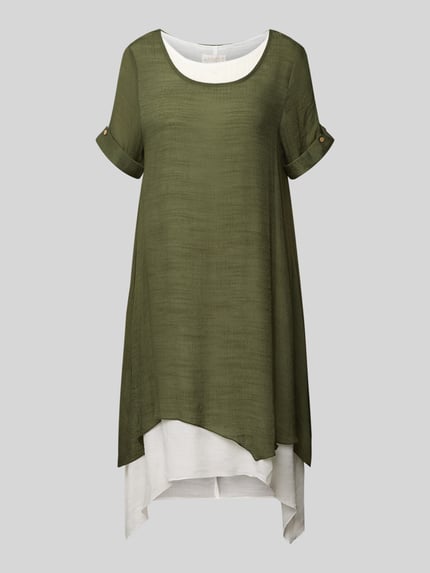 Produktfoto, Knielanges jurk uit viscosemix van Apricot, recht model, knielengte, asymmetrisch model, ronde hals, mouwen met omslag, groen met wit