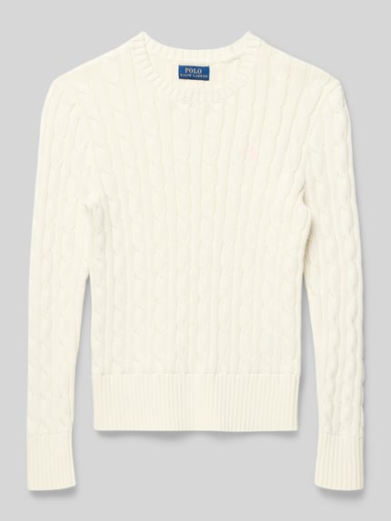 Productfoto, Regular Fit Pullover aus reiner Baumwolle van Polo Ralph Lauren Teens, effen crème, kabelpatroon, logo-stitching, ronde hals, lange mouwen, geribde boorden, gebreide textuur