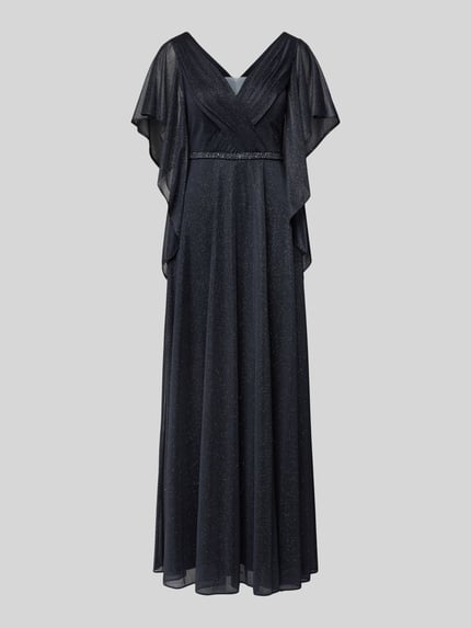 Produktfoto, Maxikleid mit V-Ausschnitt und Ziersteinbesatz von Vera Mont in dunkler Glitzer-Optik, taillierte Passform, Falten-Optik, Volantärmel, Rückenlänge 133 cm bei Größe 38, Brustweite 42 cm, Ärmellänge 24 cm, feine Textur und sanfte Falten.
