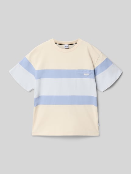 Produktfoto, Regular Fit T-Shirt aus Baumwoll-Mix von BOSS, Kinder T-Shirt, Mehrfarbig, Piqué, Label-Schriftzug, Rundhals, Kurzarm.