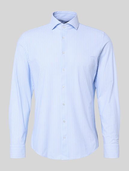 Produktfoto, Slim Fit Business-Hemd mit Haifischkragen von Seidensticker aus blau-weiß gestreiftem Material-Mix mit Stretch-Anteil, Knopfleiste