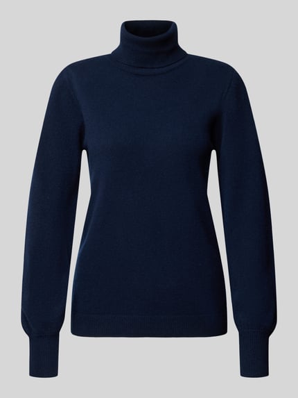 Produktfoto, dunkelblauer Strickpullover aus reiner Wolle Modell 'Jola' von My Essential Wardrobe, tailliert, Rollkragen, feine Wollstruktur