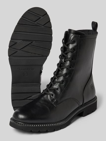 Produktfoto, czarne kozaki 'Schnürstiefel mit Reißverschluss' od Tamaris, gładka faktura, okrągły nosek, kontekst: damskie kozaki od Tamaris