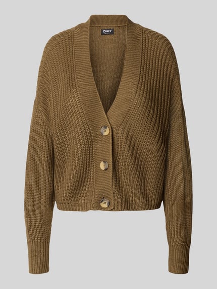 Produktfoto, Boxy Fit Strickjacke mit V-Ausschnitt Modell 'CAROL' von ONLY in braun, grob gestrickt mit großen Knöpfen, Damen Strickjacke von ONLY