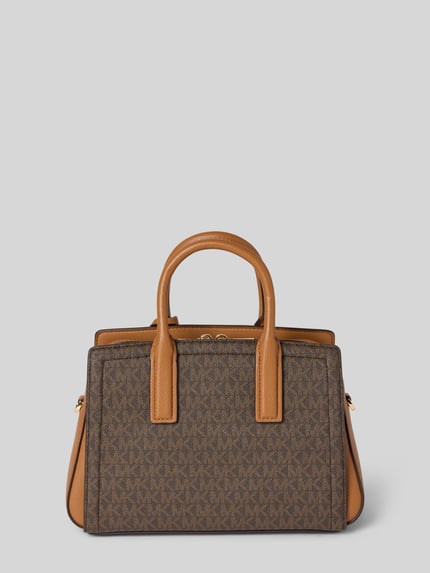 Produktfoto, Handtasche mit Label-Applikation Modell 'LAILA' von MICHAEL Michael Kors, braune Struktur mit hellbraunen Tragehenkeln, Hauptfach mit Reißverschluss, Schulterriemen, Maße: Breite 29 cm, Länge 19 cm, Tiefe 10 cm, Riemenlänge 132 cm