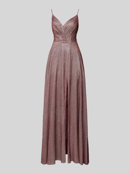 Produktfoto, Schimmerndes Abendkleid mit Gehschlitz van Luxuar in A-lijn, maxilengte, V-hals, spaghettibandjes, glinsterende stof.