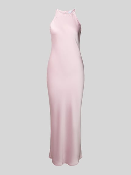 Productfoto, lichtroze dames midi-jurk van satijn in recht model, ronde hals, knoopsluiting achter, model 'RAVENNA' van Vila, ruglengte maat 36: 140 cm, borstwijdte maat 36: 40 cm