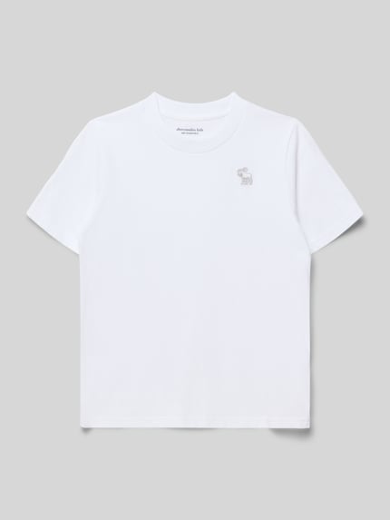 Produktfoto, weißes T-Shirt mit Rundhalsausschnitt Modell 'ESSENTIAL' von Abercrombie&Fitch, Kinder, gerader Schnitt, glatte Textur.