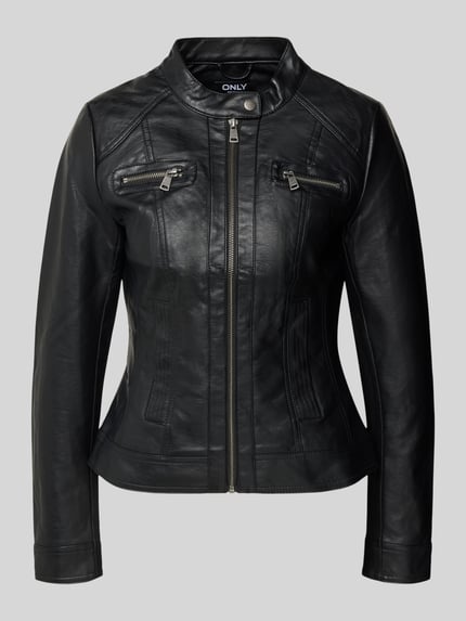 Produktfoto, Jacke im authentischen Leder-Look van Only in zwart met opstaande kraag, trensje, ritssluiting, getailleerd model, steekzakken.
