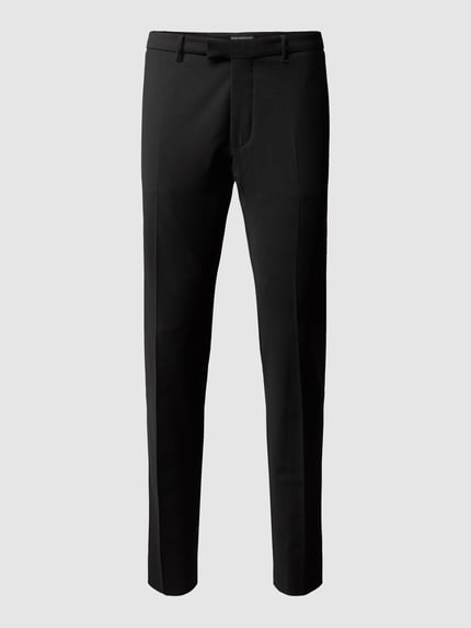 Produktfoto, Stoffhose mit Bundfalten von Drykorn für Herren, schwarzer Material-Mix mit Baumwoll-Anteil, gerader Schnitt, französische Eingrifftaschen, Gesäßtaschen, Bundweite 37 cm, Innenbeinlänge 82 cm, glatte, feine Textur.