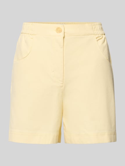 Productfoto, shorts met elastische band model 'KATE' van ICHI, dames korte broek van katoenmix met stretch, regular fit, steekzakken, bandwijdte maat S 38 cm, binnenbeenlengte maat S 12 cm, lichtgeel, rechte pijpen
