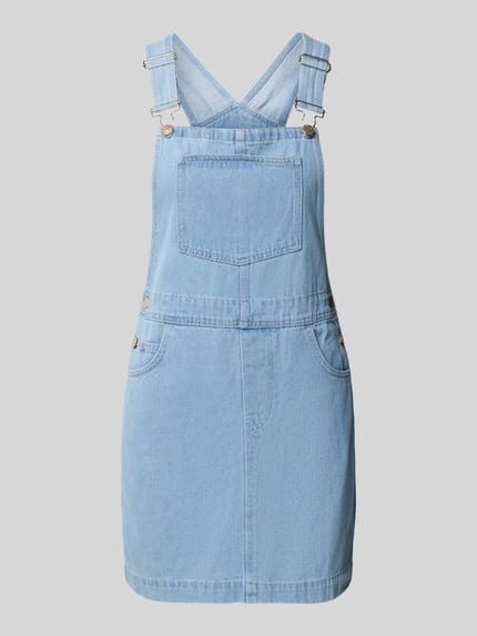 Produktfoto, jasnoniebieska mini sukienka jeansowa A-Linie Jeanskleid aus Baumwoll-Mix Modell 'NELLI' od Only, denimowy twill, kieszeń na piersi, boczne kieszenie, szerokie ramiączka, bez rękawów, dekolt Henley
