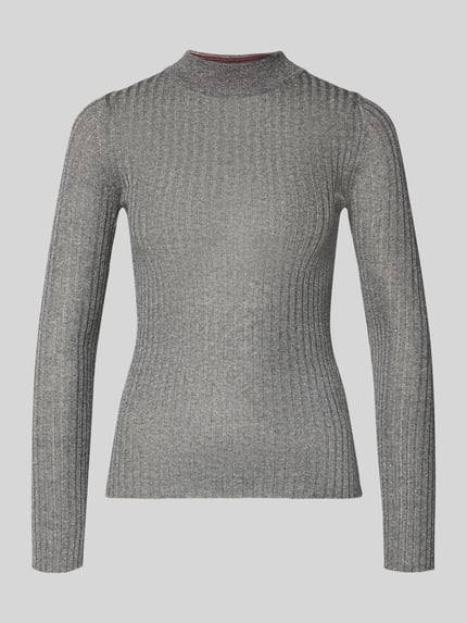 Produktfoto, Strickpullover mit geripptem Stehkragen von Marella z mieszanki wiskozy z metaliczną nicią, slim fit, srebrnoszary, widoczna faktura żeberkowa