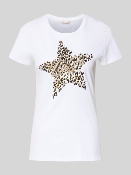 Produktfoto, T-Shirt mit Label-Print und Ziersteinbesatz von Liu Jo White aus reiner Baumwolle, Regular-Fit, weiß, Rundhalsausschnitt, Damen