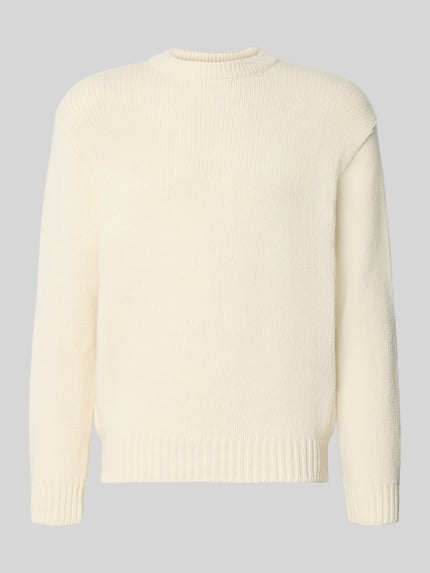 Produktfoto, cremeweißer Strickpullover aus Woll-Mix Modell 'ELLIS HIBIKI' von Edwin, gerader Schnitt, gerippte Abschlüsse, klare Textur