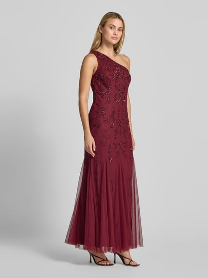 Vrouwenmodel draagt Regular Fit avondjurk met siersteentjes van Adrianna Papell, gebloemd, one-shoulder design, geheel aanzicht vooraan. Ruglengte maat 36: 136 cm, borstwijdte maat 36: 43 cm.