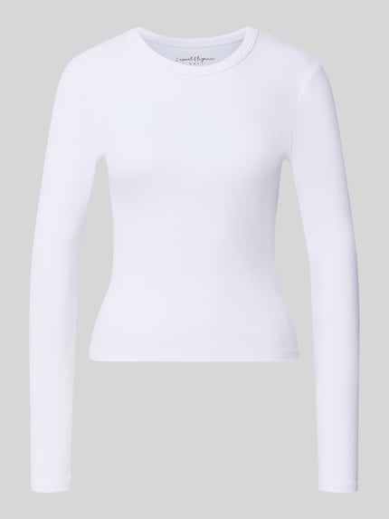 Produktfoto, weißes Slim-Fit Langarmshirt aus Baumwoll-Mix Modell 'VAL' von ONLY, feine Rippstruktur, schlichtes Design, Damen