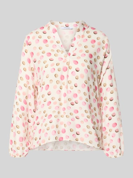 Produktfoto, Regular Fit blouse uit zuiver viscose model 'Josy' van ZABAIONE, dames blouse met tuniekkraag, elastische mouwboord, ruglengte maat S 62 cm, mouwlengte maat S 56 cm, lichte stof met roze en beige stippen.